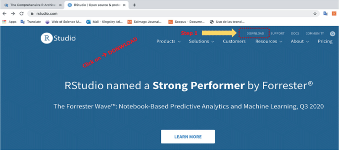 A screenshot of the webpage R studio. It has tabs download, support, docs, and community at the top right and the tab download is highlighted.