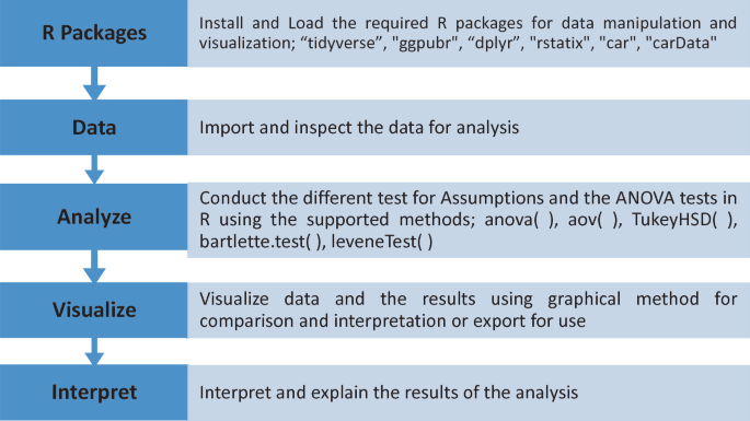 A table outlines the workflow, starting with installing necessary packages, followed by data import and inspection, analysis, visualization, and interpretation of the results. Conduct assumption and ANOVA tests. Visualize results with g g plot. Interpret and explain the results.