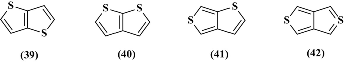 Four chemical structures of T T isomers with sulfur atoms located in various positions. The structures are labeled from 39 to 42.