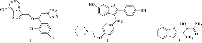 Three chemical structures of sertaconazole, raloxifene, and zileuton. Sertaconazole includes C l, S, N, and O atoms. Raloxifene includes O H, S, O, and N atoms. Zileuton features S, O H, N H 2, N, O, and C H 3 groups, highlighting the distinct functional groups in each compound.