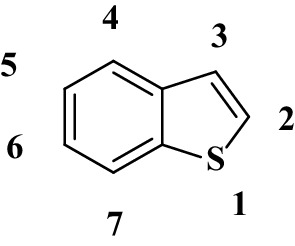 A chemical structure of the benzothiophene scaffold. It contains a sulfur atom at the first position along with other elements.