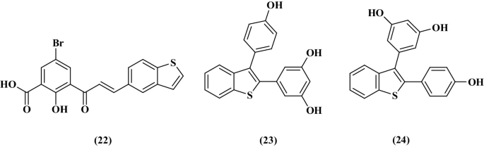 Three chemical structures of benzothiophene are labeled 22 to 24. The first structure includes O H, O, O H, B r, and S. The second includes O H and S. The third includes O H and S.