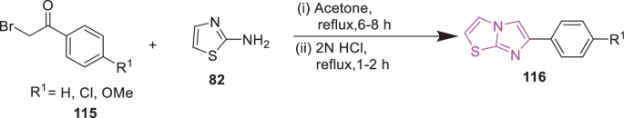 A chemical reaction. 2 reactants in the presence of acetone for 6 to 8 hours and 2 N H C l for 1 to 2 hours yield imidazo 2, 1-b thiazole.