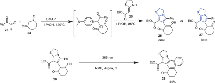 A chemical reaction. 2 reactants in the presence of D M A P and i P 3 O H yield 4 intermediates and 2, 3-dihydropyrrolo 2, 1 b thiazole as product.