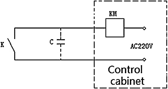 A circuit diagram presents a switch connected to the control cabinet through the capacitor. The control cabinet has a supply A C voltage of 220 volts and it includes a relay coil K M.