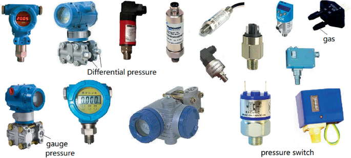 A collection of various pressure sensors, including differential pressure, gauge pressure, and pressure switches. The image displays sensors with different designs, such as threaded connections, digital displays, and varying housing shapes.