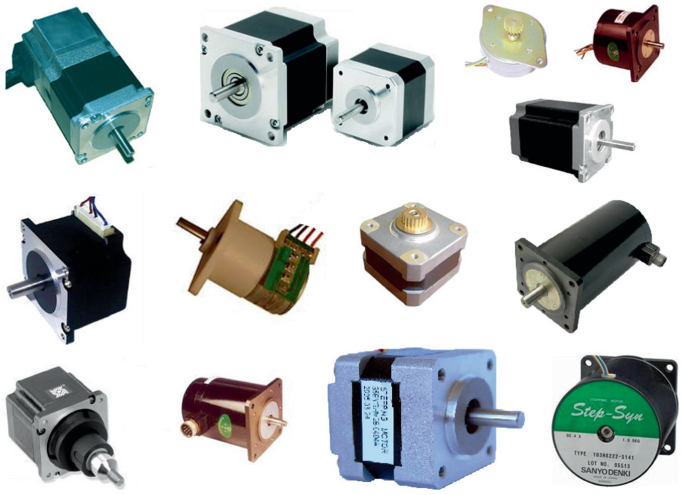 Photos of various types of stepping motors. The motors have different designs and configurations, each tailored for specific applications and performance requirements.