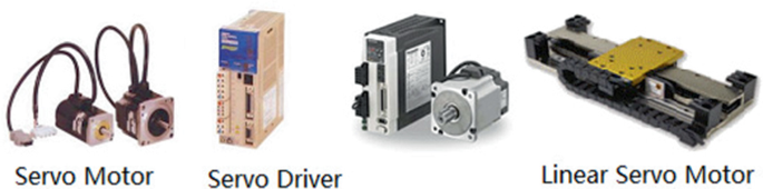 An image depicts a servo motor, servo driver, and linear servo motor. It exhibits three different components, highlighting their appearance and form factors.