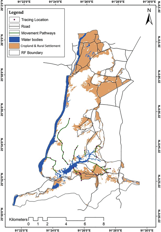 A map depicts the tracing location, road, movement pathways, water bodies, cropland, rural settlement, and R F boundary.