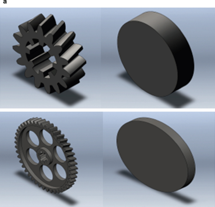 4 3-D models of first-stage gears. They comprise thin and thick circular disks with smooth edges, and gear wheels with small and large cogs.