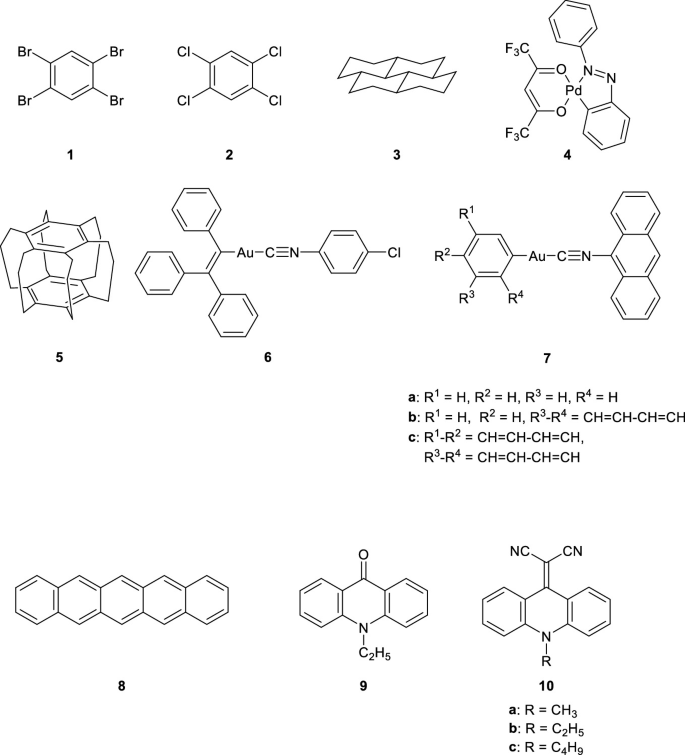 An illustration of 10 chemical structures of class one crystals numbered from 1 to 10. All of them consist of an aromatic ring attached to the functional group except 3 and 7. 3 has chair configuration and 7 has R 1, R 2, R 3 and R 4 connected with H and C H in double bond.