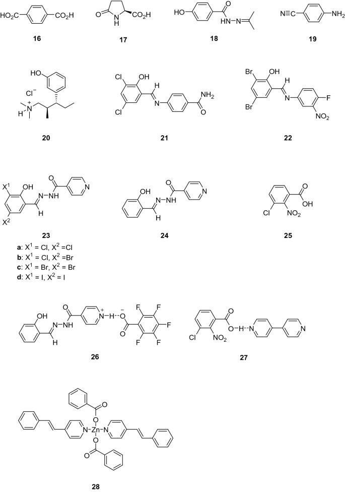 An illustration of 13 chemical structures of class three crystals numbered from 16 to 28. All of them consist of an aromatic ring attached to the functional group.