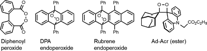 A bond-line chemical structure of the compounds diphenoyl peroxide, D P A endoperoxide, rubrene endoperoxide, and A d-A c r is given.