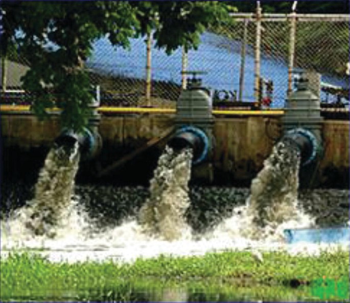 A photograph of a view of 3 wastewater outlets discharging wastewater into the water bodies.