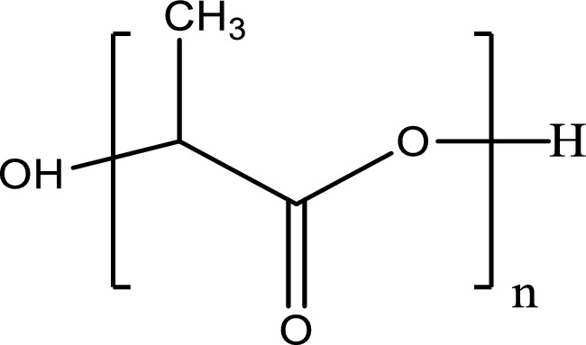 The chemical structure of polylactic acid has 2 oxygen, 1 hydrogen, 1 methyl radical, and 1 hydroxide.