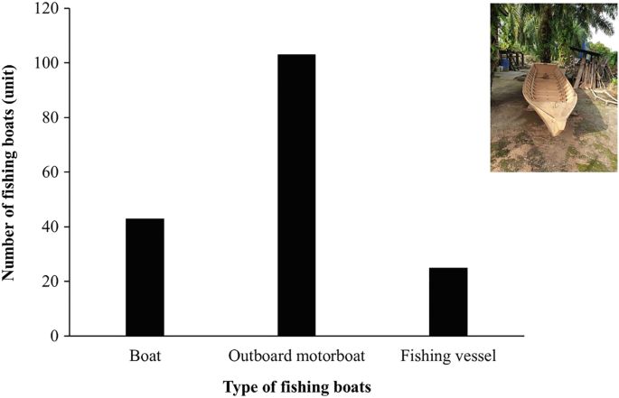 A bar graph of the number of fishing boats versus types of fishing boats. The maximum number of fishing boats used are outboard motorboats, 100, next are normal boats up to 40 and the minimum are fishing vessels up to 30. All values are approximated.