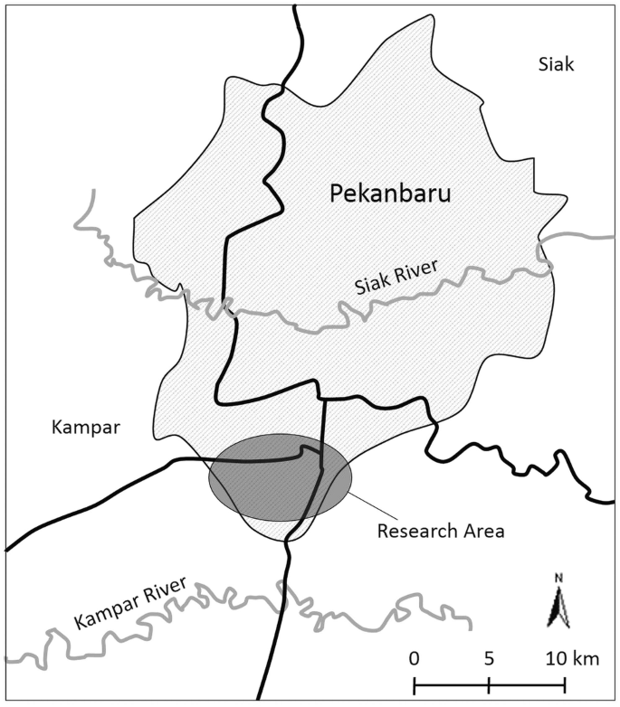 A map of research areas in Pekanbaru, Riau, Indonesia. The map marks Kampar, Siak river, Siak, and Pekanbaru.