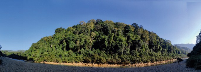 A panoramic photograph. A hill thickly covered by trees is located centrally. The hill is surrounded by a body of water.