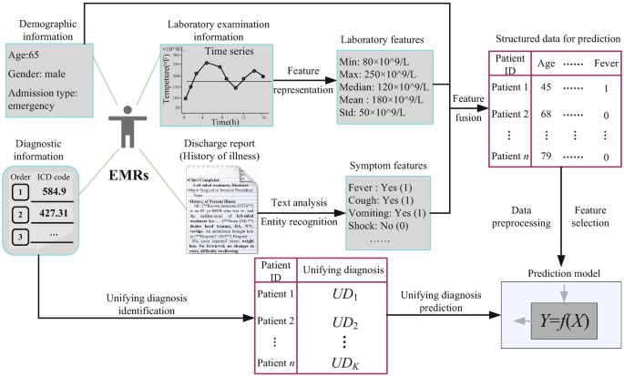 A process flow represents demographic and diagnostic information, lab examination information, and discharge report that leads to lab and symptom features. Adding features and fusion structures data for prediction helps in designing a prediction model along with unifying diagnosis identification.