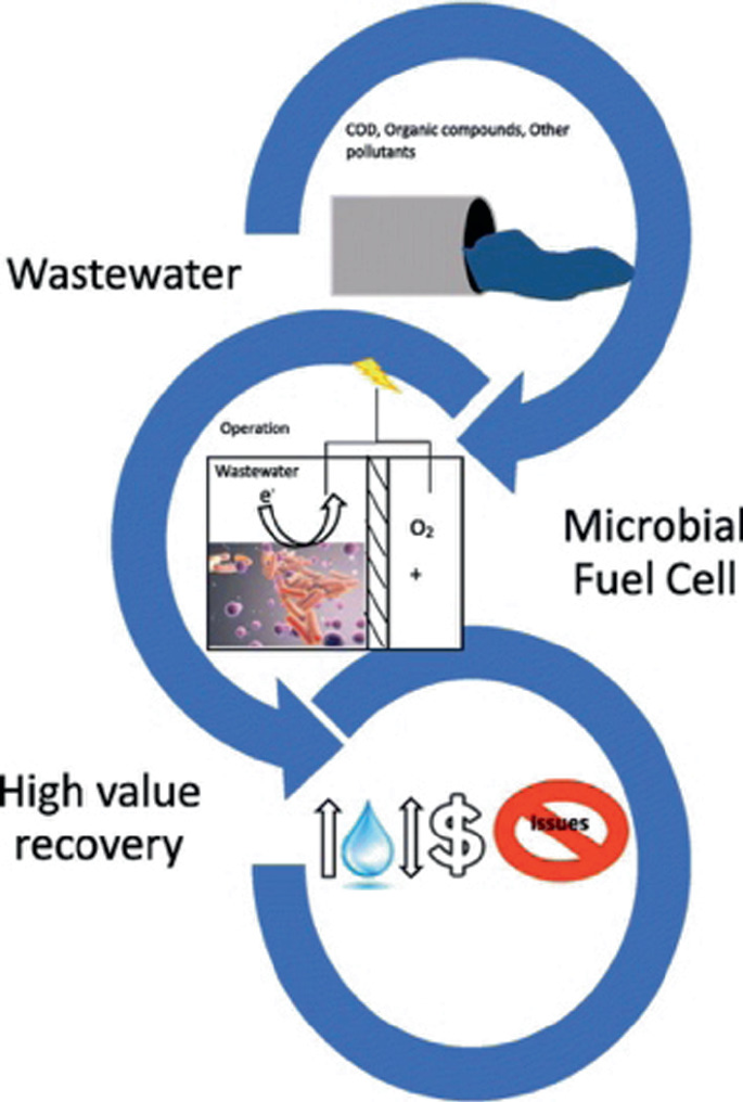 A circle arrow process chart describes three stages of M F C such as wastewater, microbial fuel cell, and high-value recovery, from top to bottom, respectively.