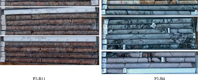 The cored log photographs of two distinctly different rock mass qualities, P 2 - B 11 for granite and P 2 - B 4 for rhyodacite, beneath the pad footing. They appear like logs stacked over one another.