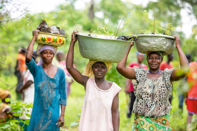A photo of 3 women carrying tubs with seedlings on the head. People and trees are in the background.