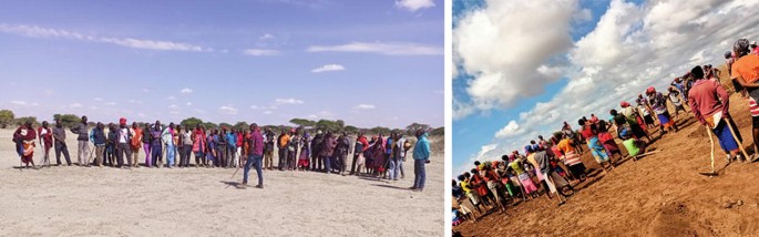 2 sets of photographs of people gathered for the restoration work in the degraded barren land.