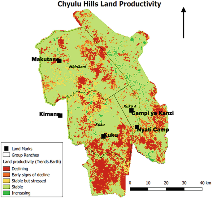 A map of Chyulu hills highlights land productivity including declining, early signs of decline, stable but stressed, stable, and increasing.