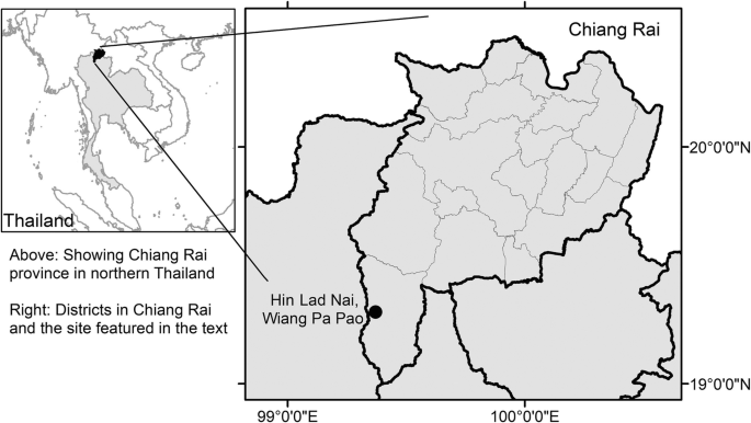 A map of Thailand with Chiang Rai Province highlighted. On the right is the map of Chiang Rai Province, which locates the location of Hin Lad Nai, Wiang Pa Pao.