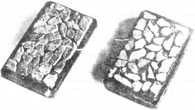 Two illustrations. They are of rectangular biscuit-like structure and placed parallel to each other. The pattern resembles a peanut bar. The left one is dark as compared to the right one.