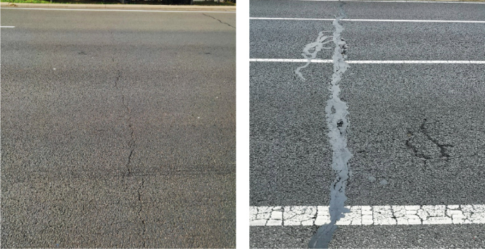 Two close-up photographs of asphalt pavements have a thin crack across the pavement on the left and a wide crack across the pavement on the right.