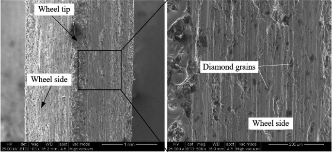 Two S E M images. 1. A V shaped edge with labels, wheel tip and wheel side, having a rough surface. 2. The magnified view of the wheel side that has diamond grains spread across the surface.