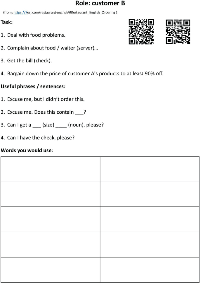 A reference sheet for the role of customer B. It lists the tasks such as, deal with food problems, with a list of useful phrases such as, Can I have the check, please? There is a blank table for words you would use.