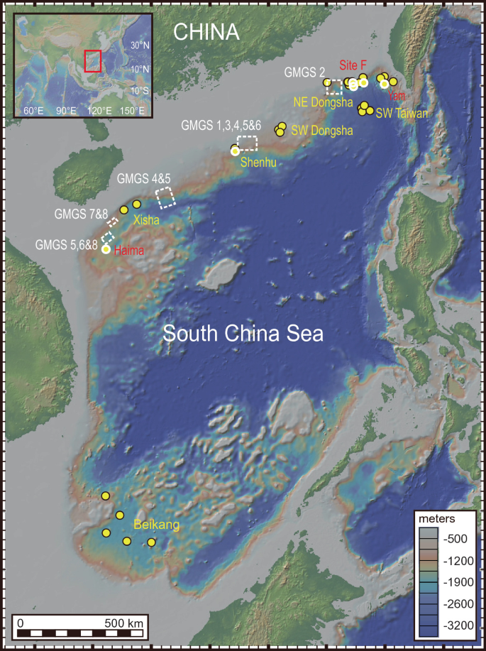 A satellite map of the South China Sea with an insert of an Asian continent. It highlights S W Taiwan, N E Dongsha, S W Dongsha, Shenhu, Xisha, and Beikang among others.