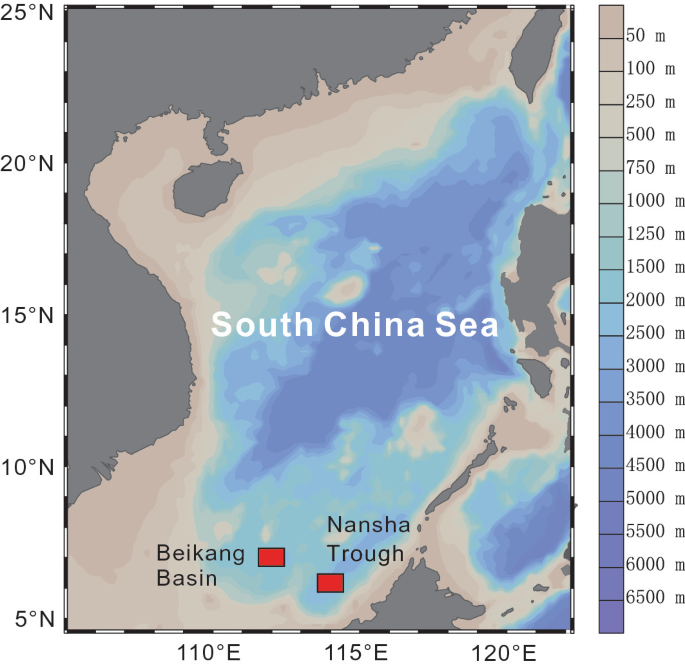 A satellite map of the South China Sea. It highlights the Nansha Trough and Beikang Basin. Both seep sites are located in regions that fall between 50 and 500 meters.