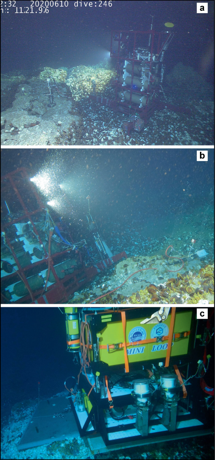 3 photographs of big machinery placed in the seafloor in 3 consecutive years between 2020 and 2022.