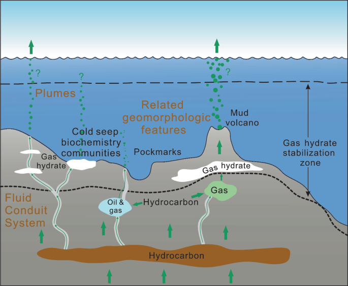 A diagram of elements of gas seepages. The subsurface has hydrocarbons, oil, and gas which seep to the surface as plumes, mud volcanoes, and gas hydrates.