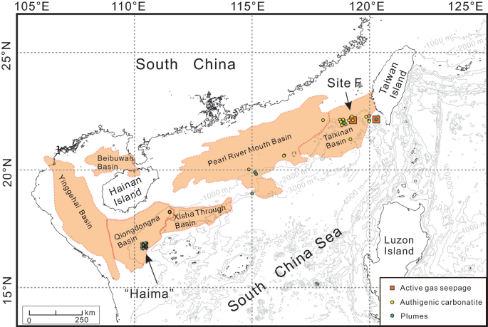 A map of the South China with labels of gas seepages. The data is for active gas seepage, authigenic carbonatite, and plumes. The locations where they can be found are, Taixinan Basin, Pearl River Mouth Basin, Xosha Through Basin, and Quiongdongna Basin.