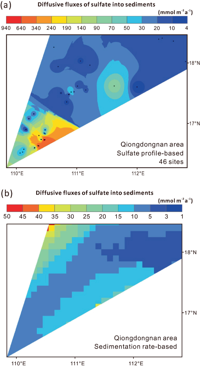 A set of two heat maps. Map a is for diffusive fluxes of sulfate into sediments. It marks Qiongdongnan area sulfate profile-based 46 sites. Map b is for diffusive fluxes of sulfate into sediments. It marks Qiongdongnan area sedimentation rate based.