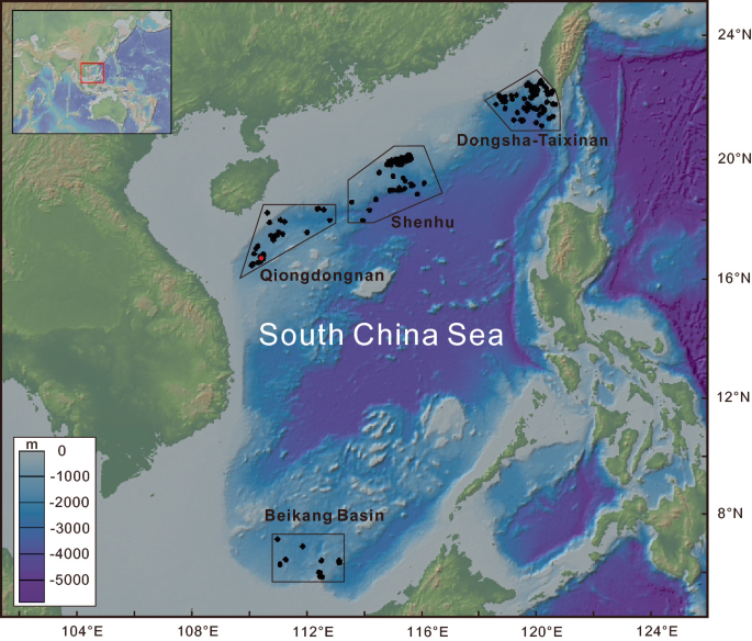 A satellite image of available pore water data from the South China Sea. The locations are Dongsha-Taixinan, Shenhu, Qiongdongnam, and Beikang Basin.