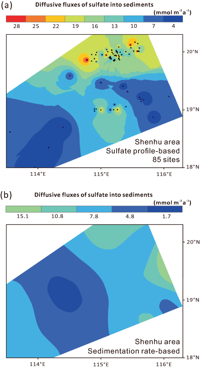 A set of two heat maps. Map a is for diffusive fluxes of sulfate into sediments. It marks Shenhu area sulfate profile based 85 sites. Map b is for diffusive fluxes of sulfate into sediments. It marks Shenhu area sedimentation rate based.