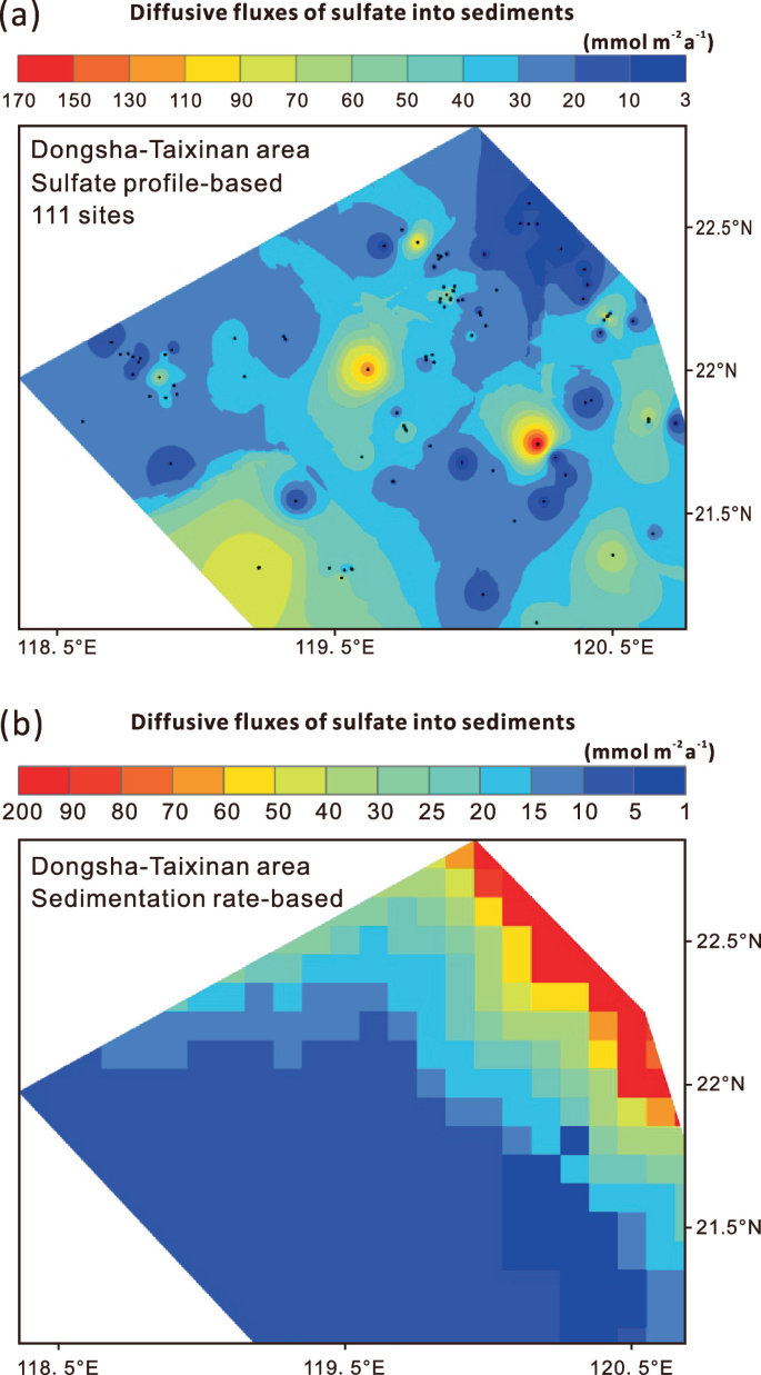 A set of two heat maps. Map a is for diffusive fluxes of sulfate into sediments. It marks Dongsha-Taixinan area sulfate profile-based 111 sites. Map b is for diffusive fluxes of sulfate into sediments. It marks Donghsa-Taixinan area sedimentation rate-based.