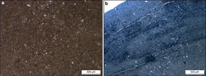 A set of 2 photomicrographs, a and b, of seep carbonate obtained from site F. A is at the scale of 500 micron. It has crystalline dark and light sheet of particles. B is at the scale of 500 micron. It has light and dark crystals with long cracks in between.