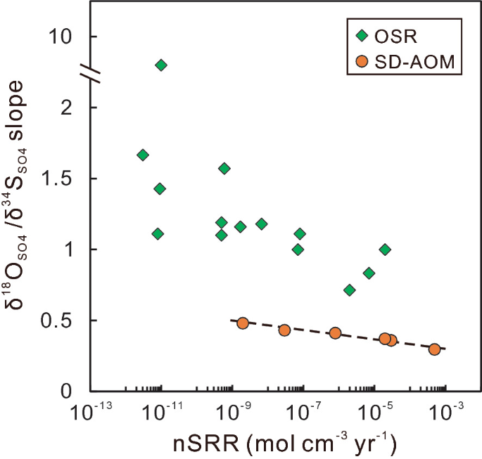 A scatterplot for delta 18 C versus n S R R. The data is for O S R and S D-A O M. Both have a declining trend.