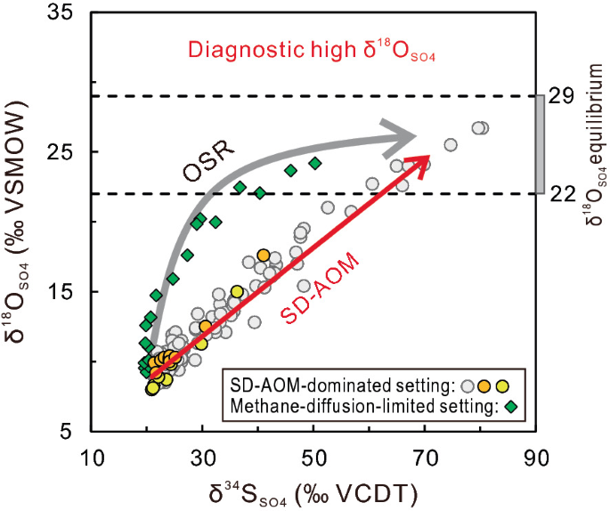 A dot plot for delta 18 O S O 4 versus delta 34 S S O 4. The data is for S D A O M dominated setting and methane-diffusion-limited setting. S D A O M has a straight inclining trend and O S R has a concave down positive slope.