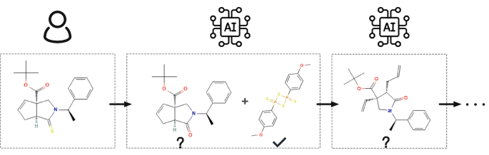An illustration depicts the possible solution for the chemical structure of molecule processes using A I.