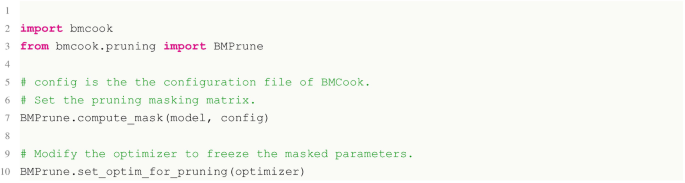 A snippet of a 10-line code. It includes functions of import, from, hashtag config, hashtag set the pruning masking matrix, B M prune, and hashtag modify, among others.