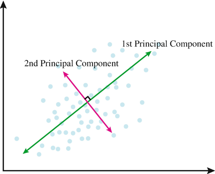 A graphical representation illustrates the largest to smallest variance of the axes. The small arrow pointing to the left denotes the second principal component, while the large arrow pointing to the right denotes the first principal component.