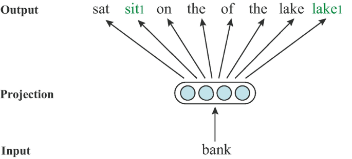 A structure begins with a bank input, directs to a projection, which has four nodes. It then produces the output. They are sat, sit 1, on, the, of, the, lake, and lake 1. Sit 1 and Lake 1 are highlighted.