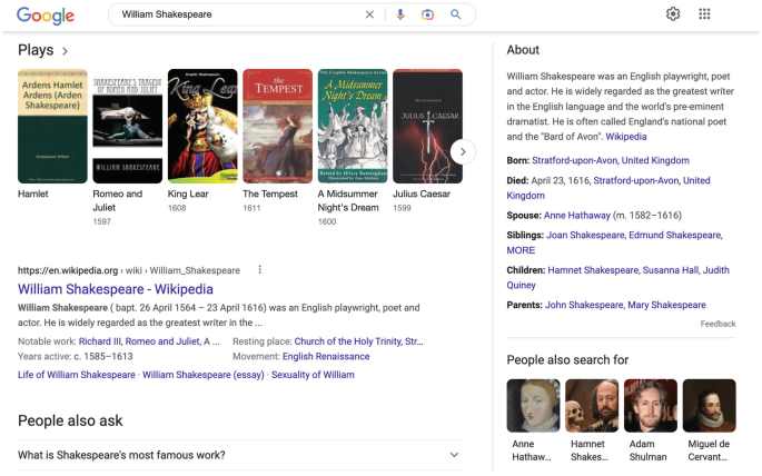 A screenshot depicts the Google search engine page with an entry field typed as William Shakespeare, which displays the following details. Plays, about, people also ask, and people also search for.